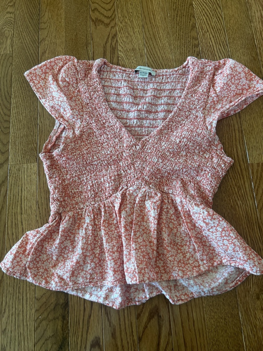 American Eagle Outfitters Coral Pink Floral Smocked Peplum Top